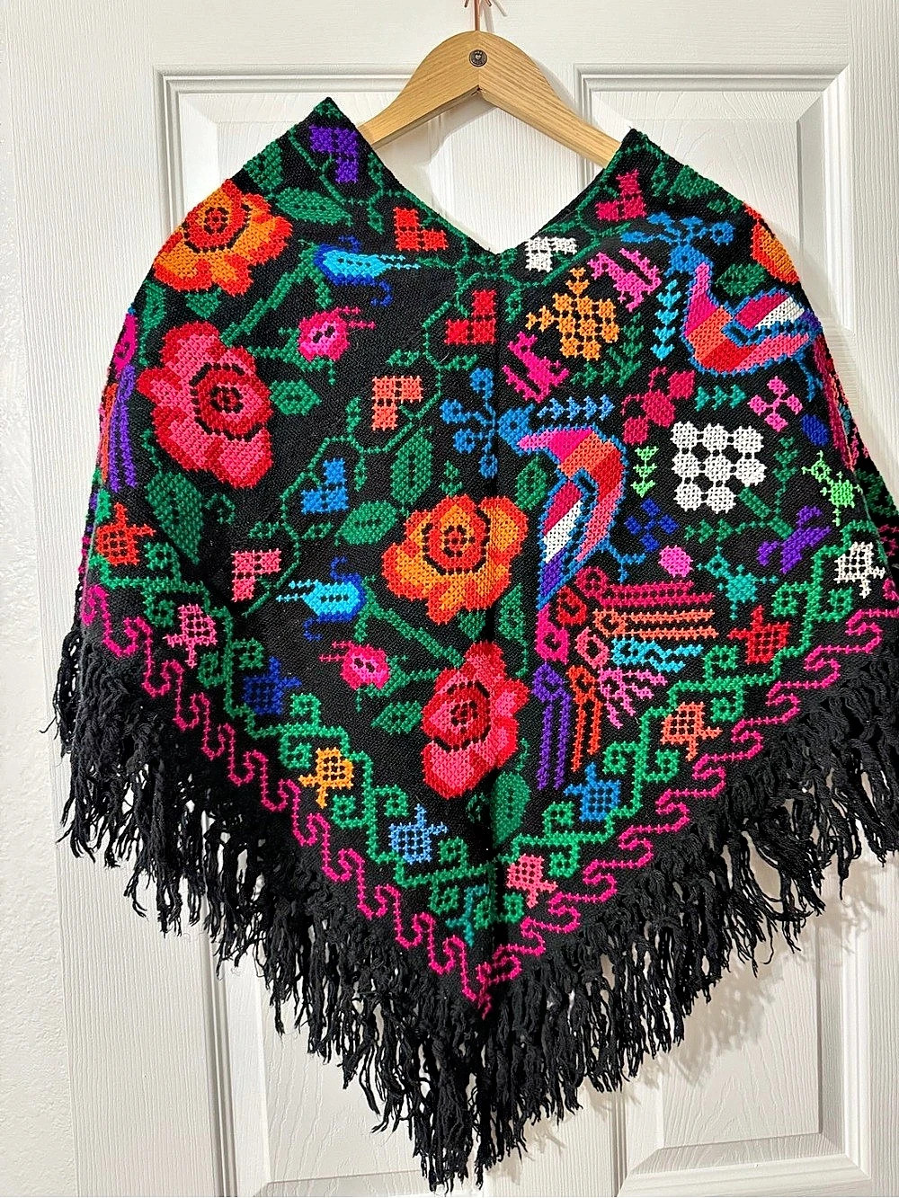 Embroidered Floral Fringe Pancho Shaw New